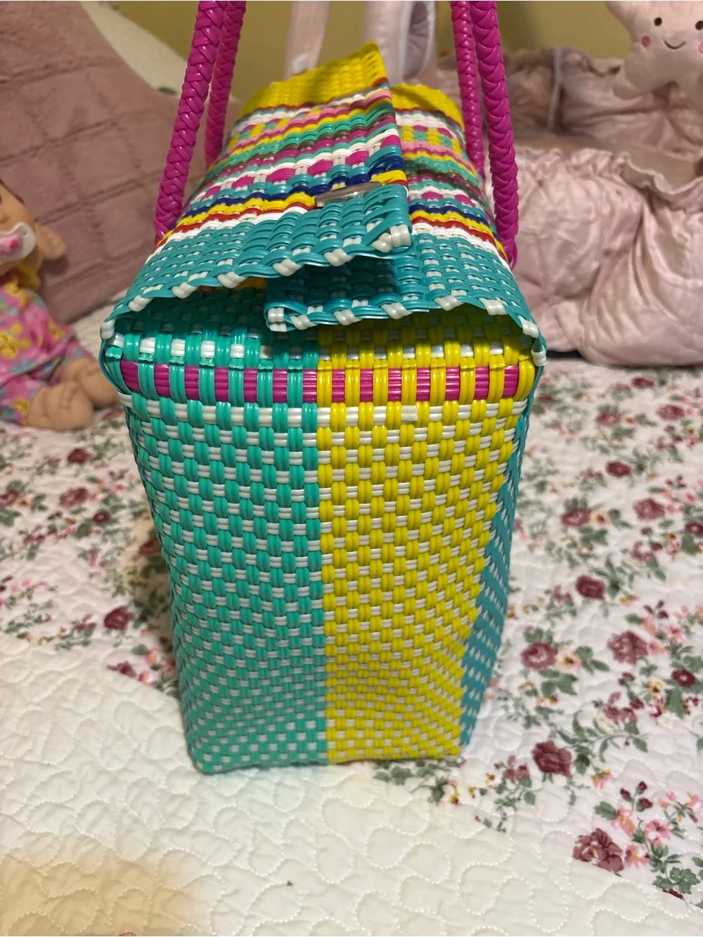 Handwoven Multicolor Tote Bag with Pink Handles
